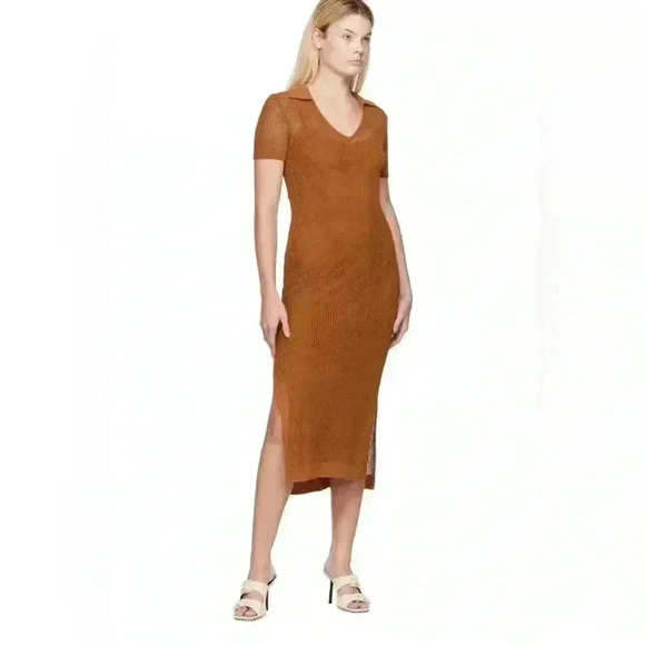 STAUD Oceane Crochet Maxi Midi Dress M Short Sleeve Collared Knit Bodycon Fitted - Picture 1 of 6